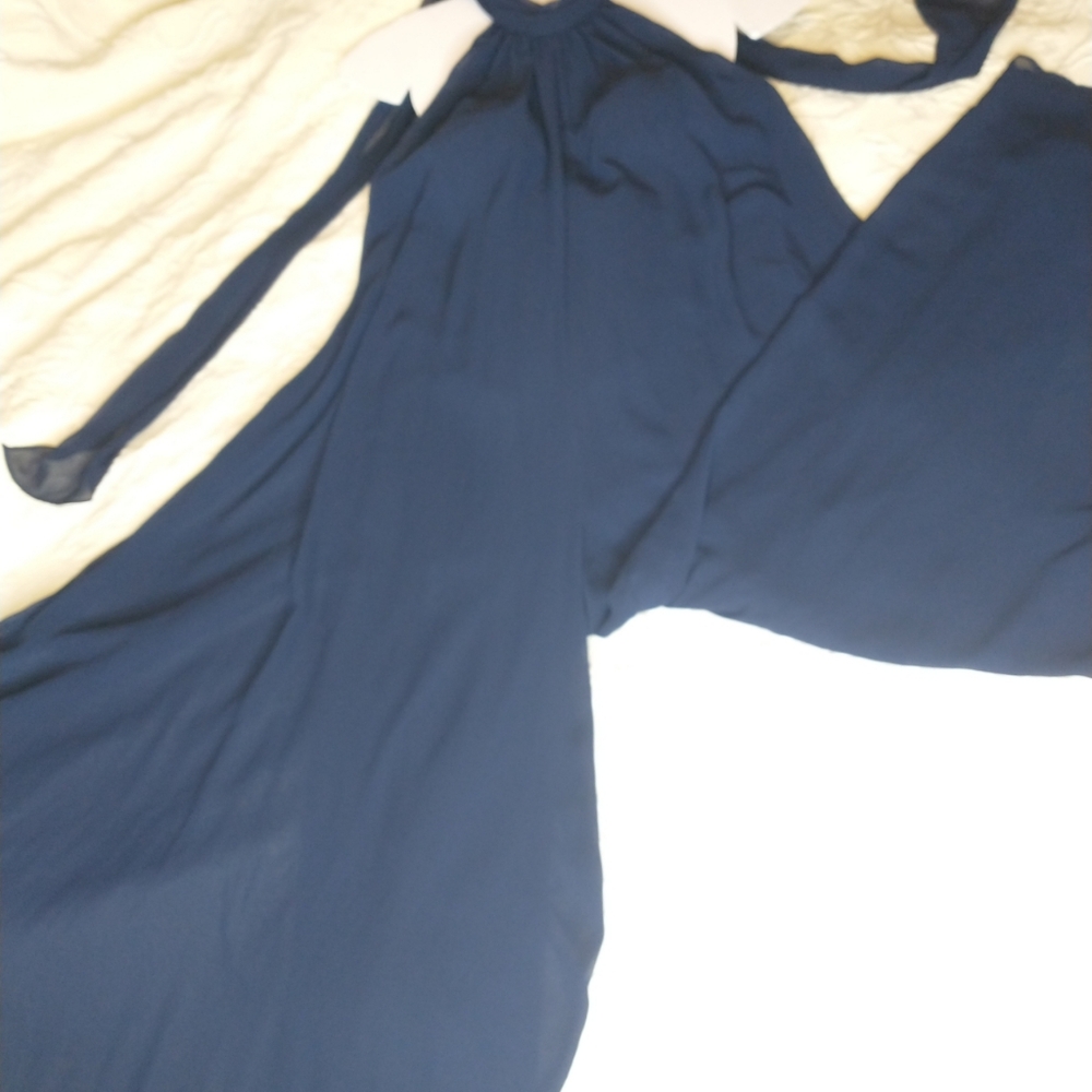 Elegant Formal Navy Blue Wide Leg Chiffon Jumpsuit By Prelude Size L - Picture 8 of 12